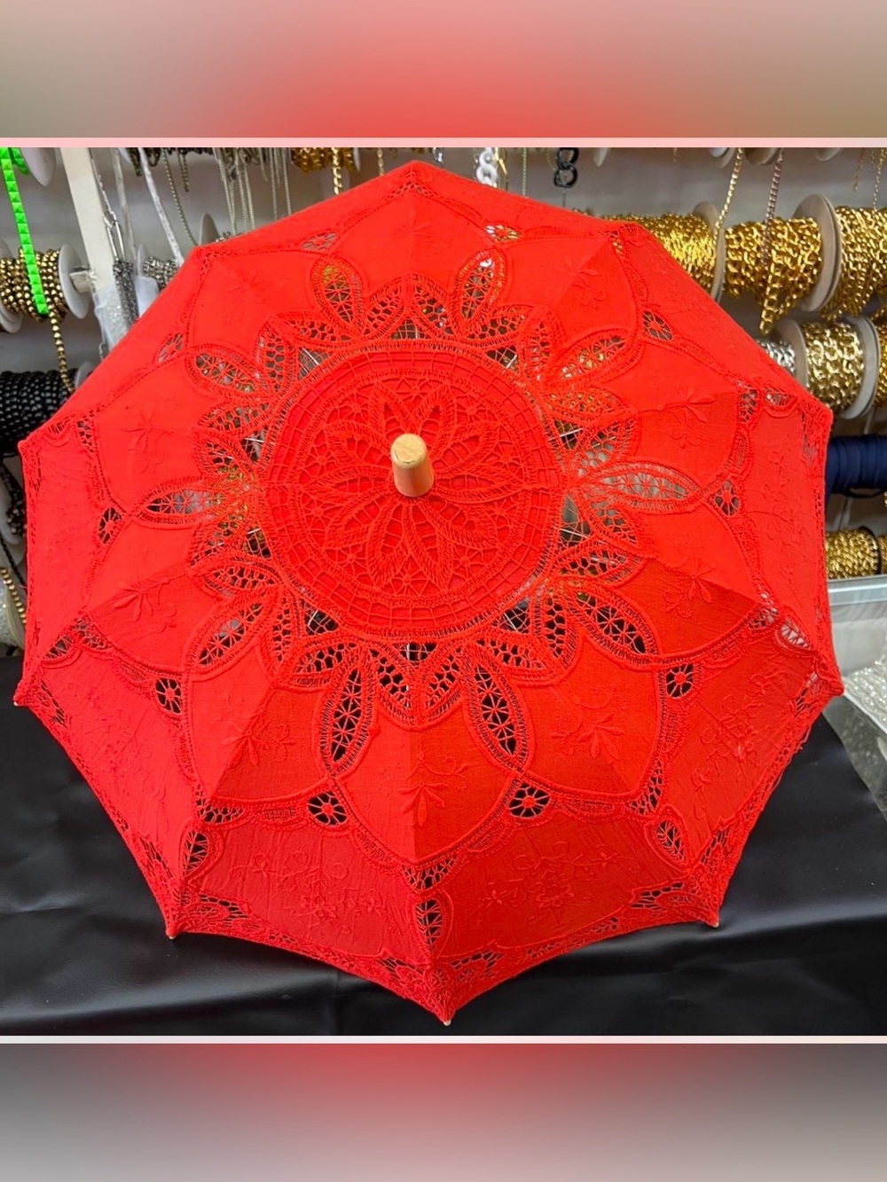 Red Lace Parasol with Wooden Handle